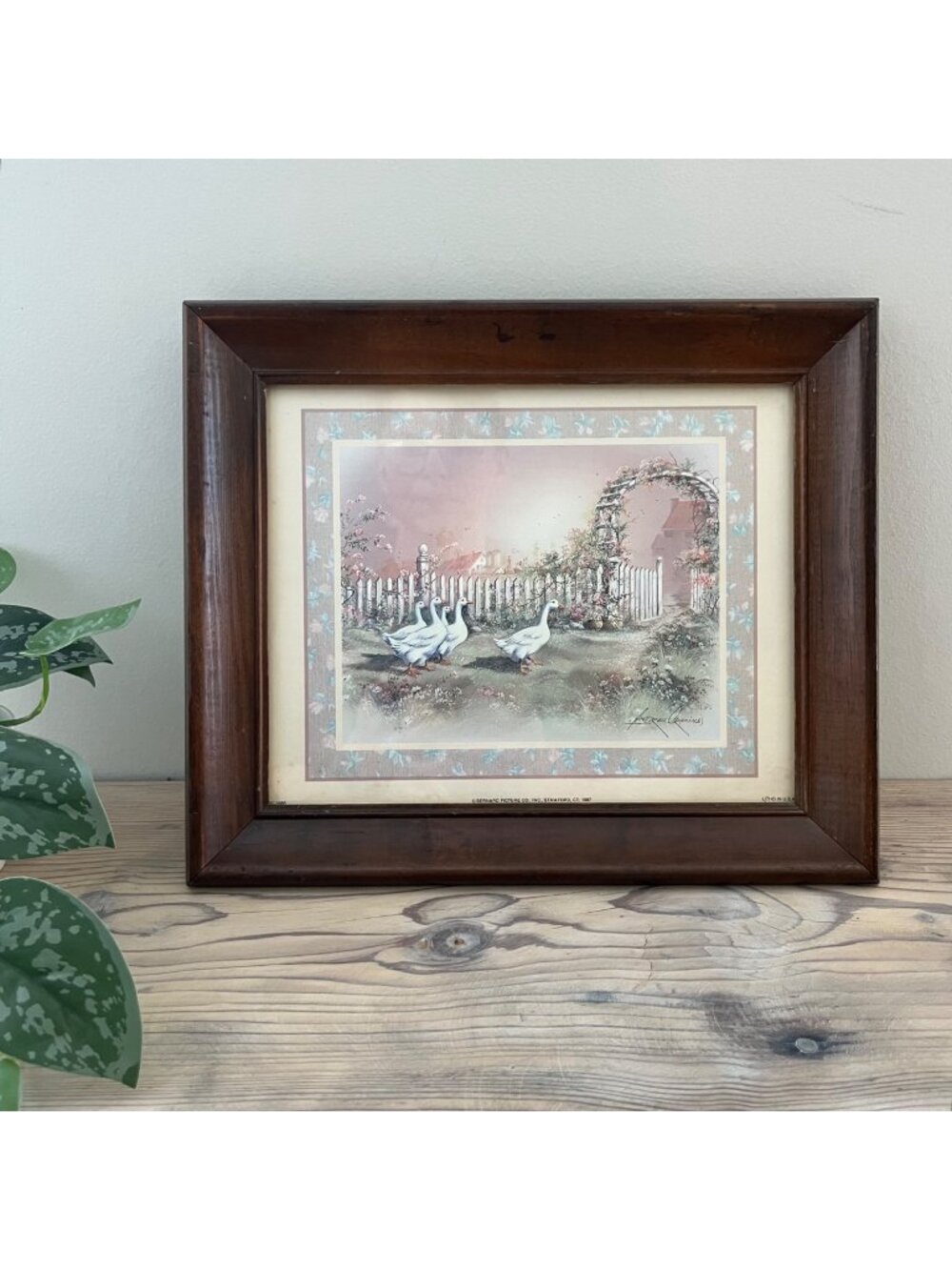 1987 Andres Orpinas Geese In The Garden Wood Framed Print Cottage Core 12'X10" - Picture 1 of 9
